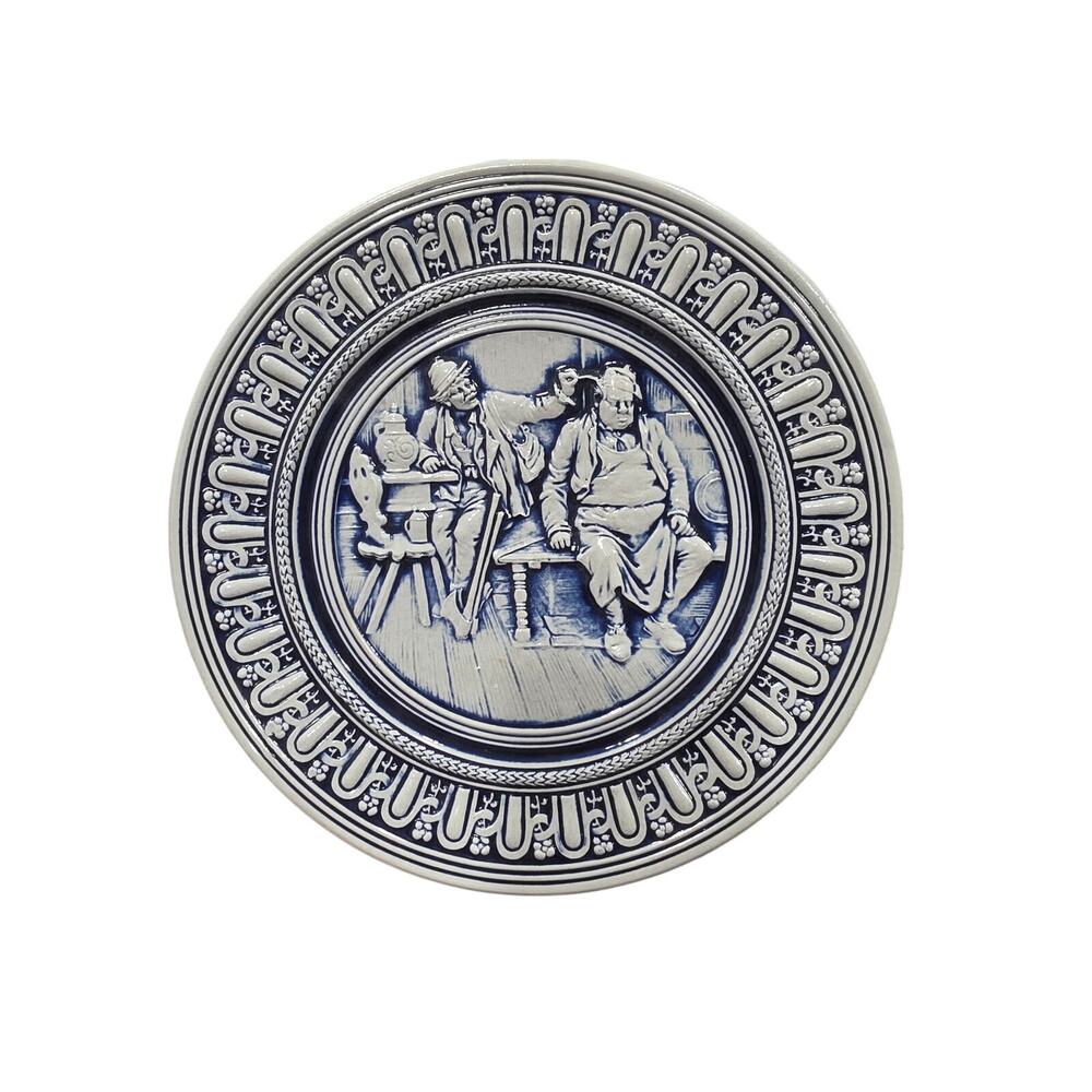 Vintage Gerz Germany Cobalt Blue Stoneware Pub Scene Plate